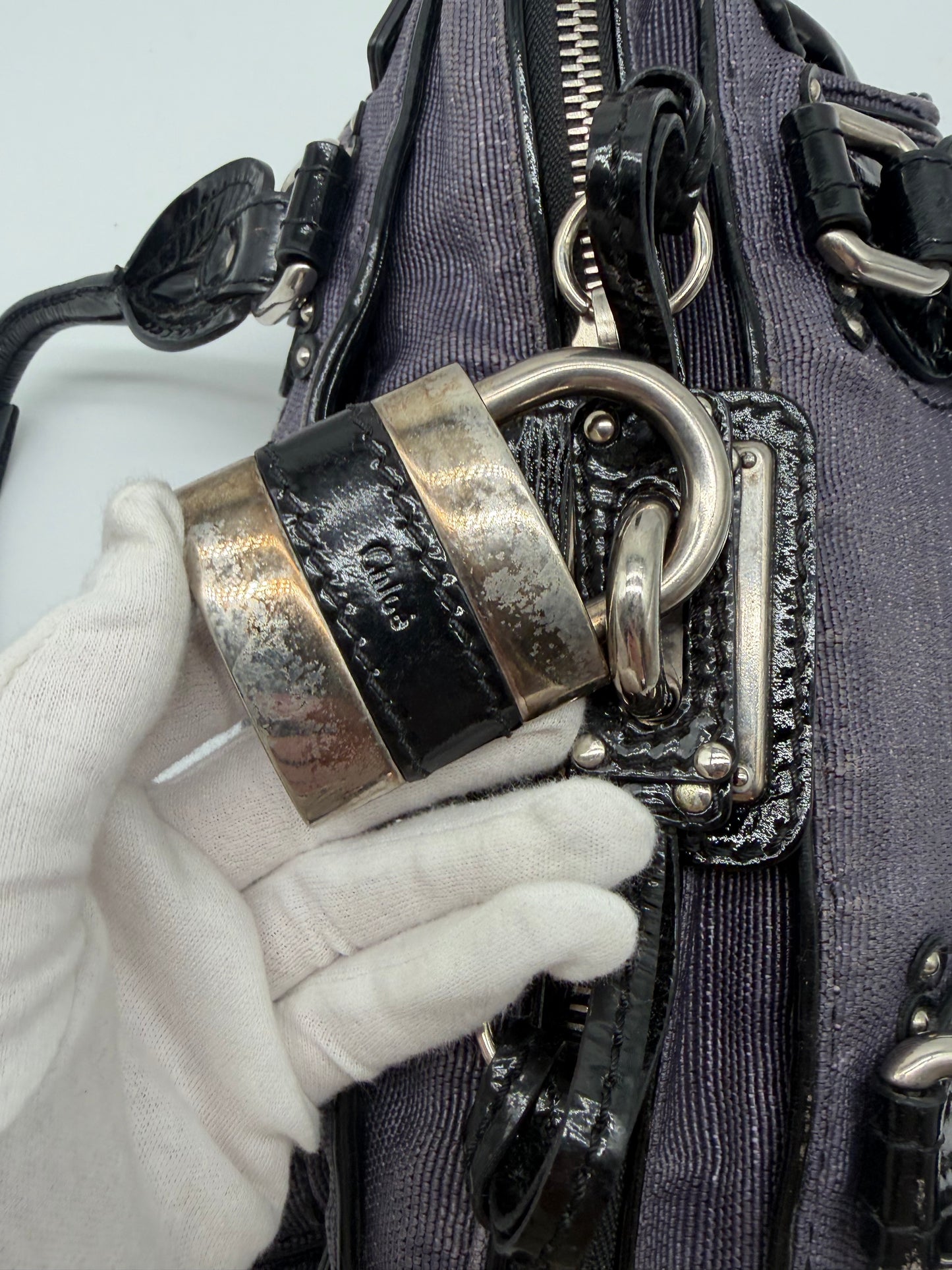 Chloé Paddington Handtasche Lila schwarz aus Jeans und Lackleder