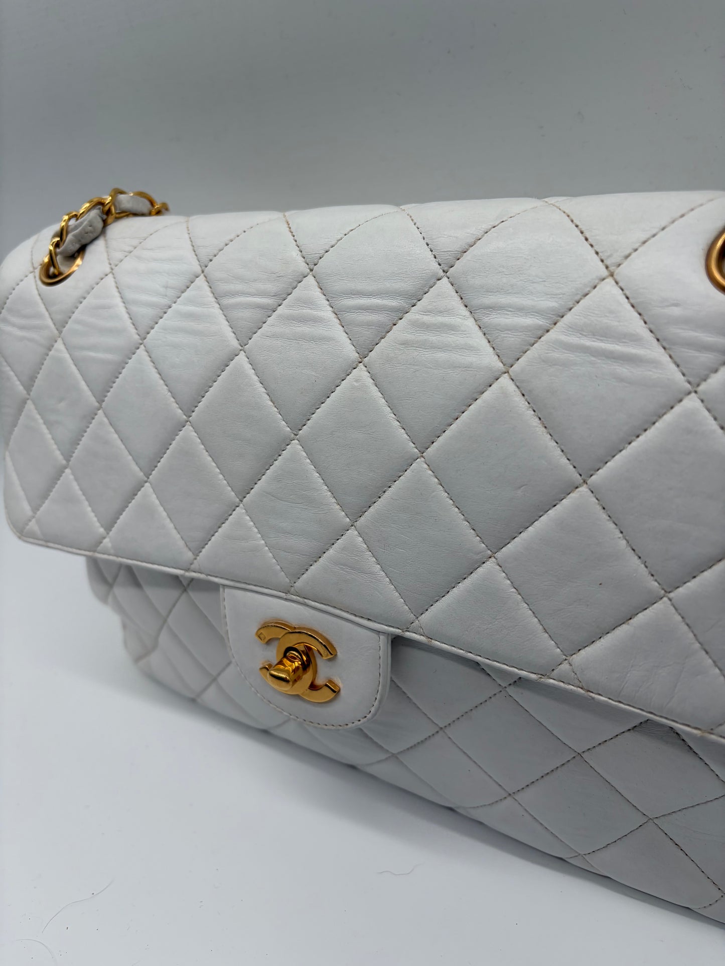 Chanel Matelassé Doppeltes Schultertasche/ Double Face Flap Weiß