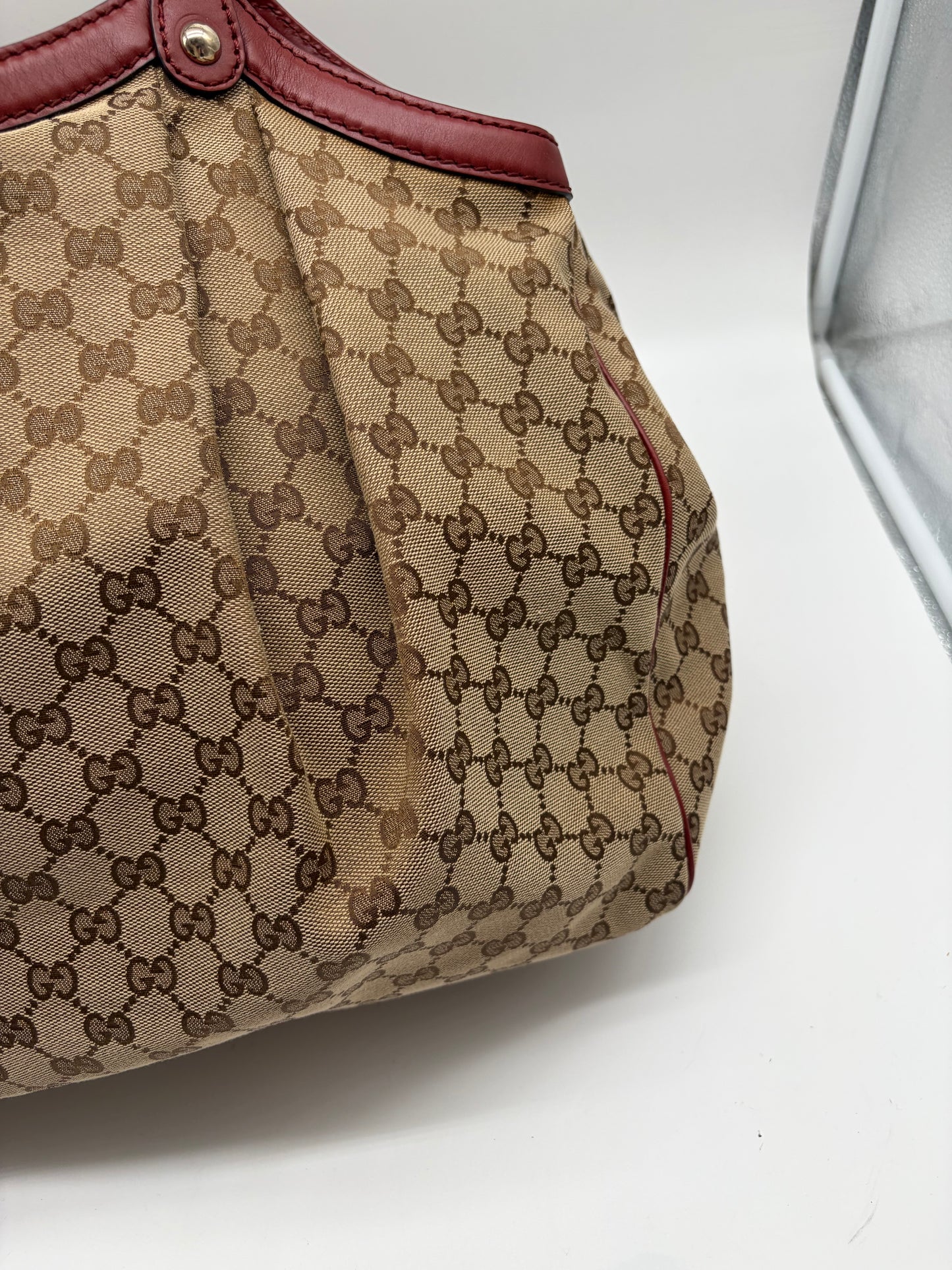Gucci Large Sukey Tote beige Canvas mit rotem Leder