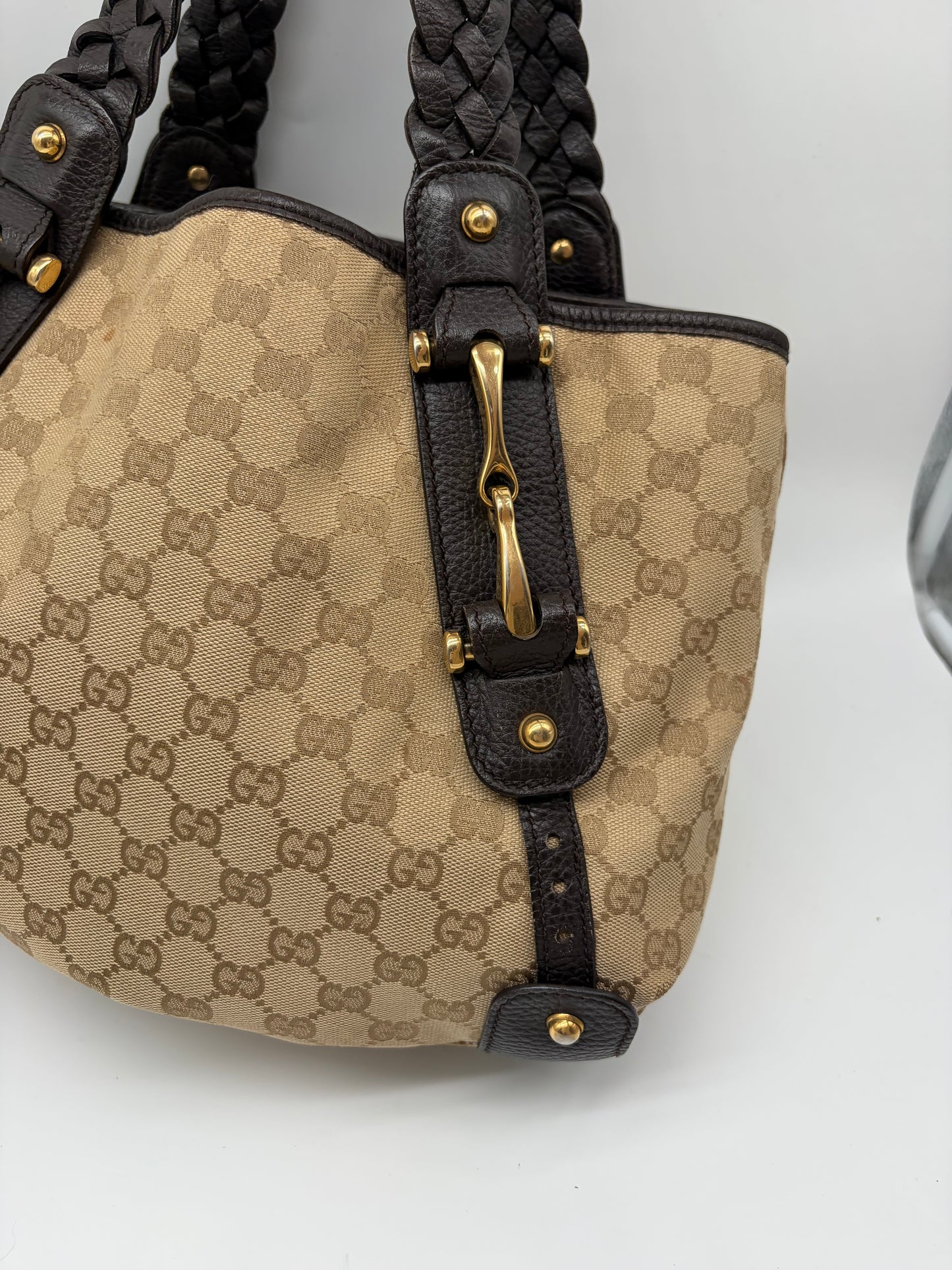 Gucci Pelham Horsebit Handtasche GG Canvas schwarzes Leder