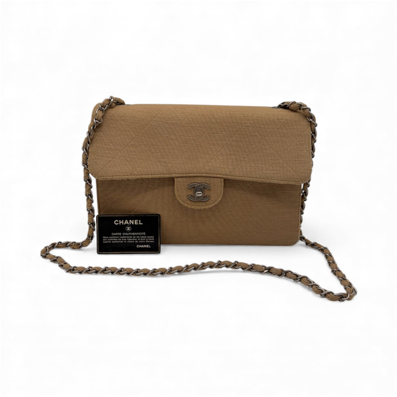 Chanel Matelassé Flap Baumwolle Schultertasche – Beige