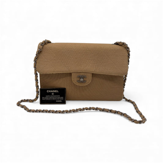 Chanel Matelassé Flap Baumwolle Schultertasche – Beige