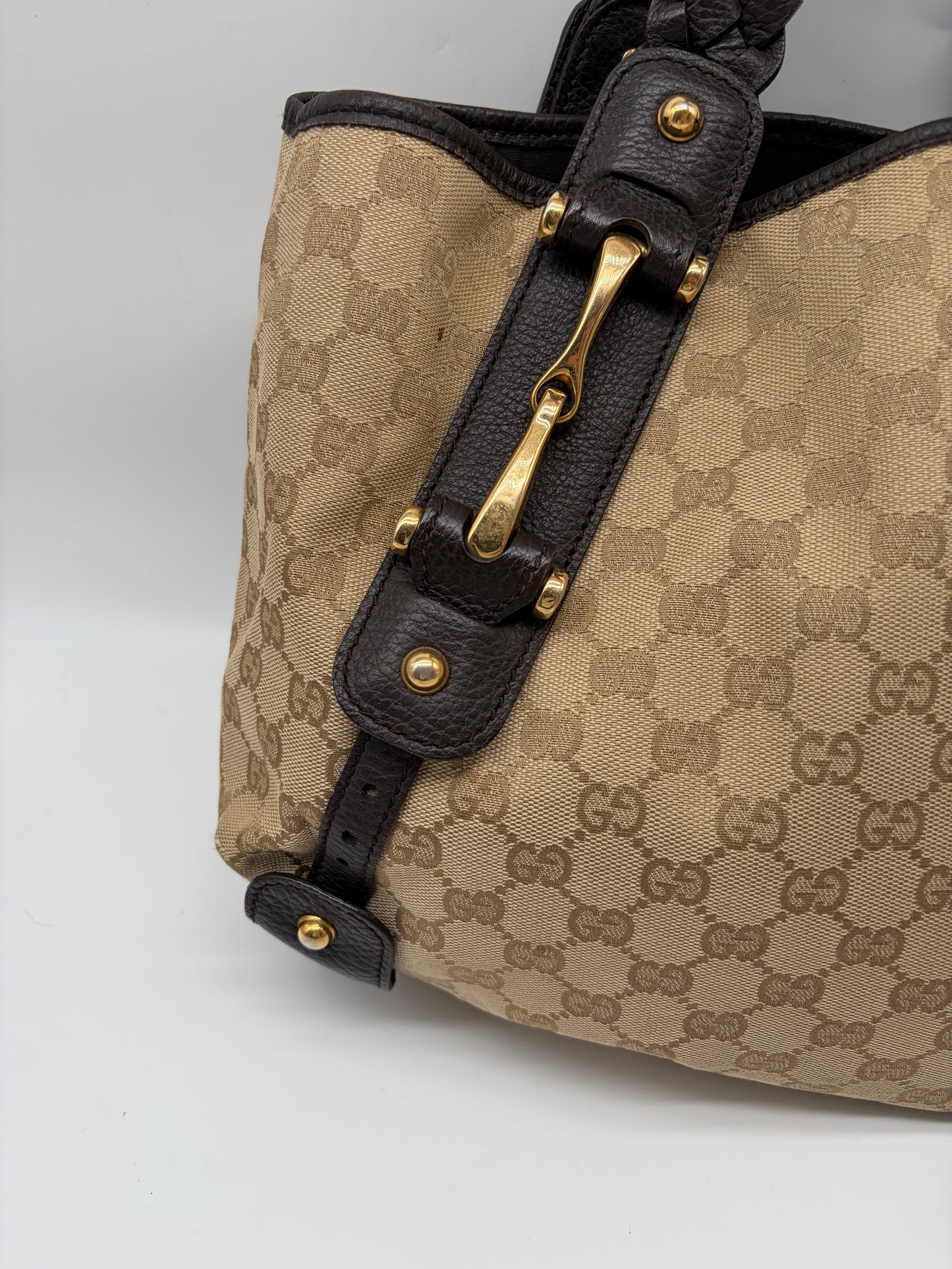 Gucci Pelham Horsebit Handtasche GG Canvas schwarzes Leder