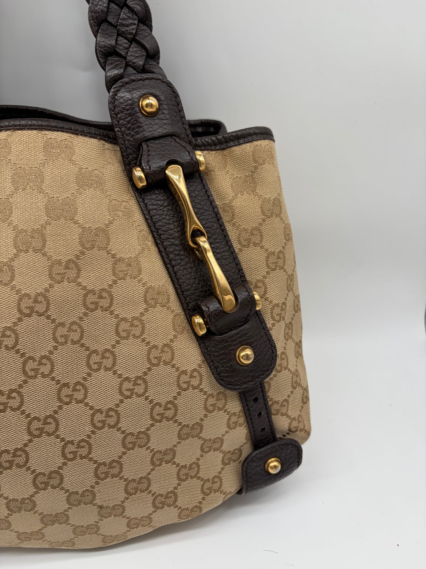 Gucci Pelham Horsebit Handtasche GG Canvas schwarzes Leder
