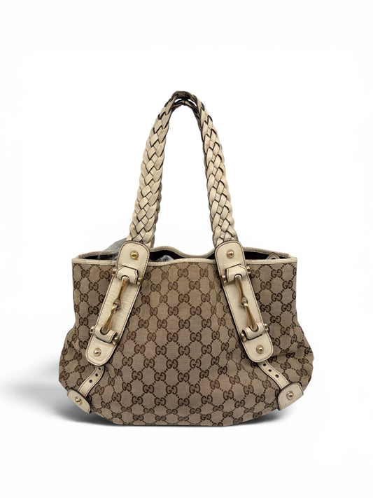Gucci Pelham Horsebit Handtasche mit weißem Leder