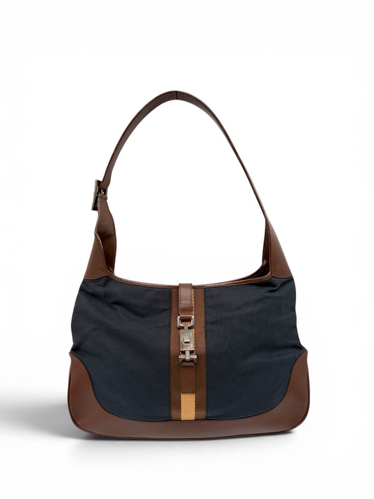 Gucci Jackie Schultertasche Navy Canvas Braunes Leder