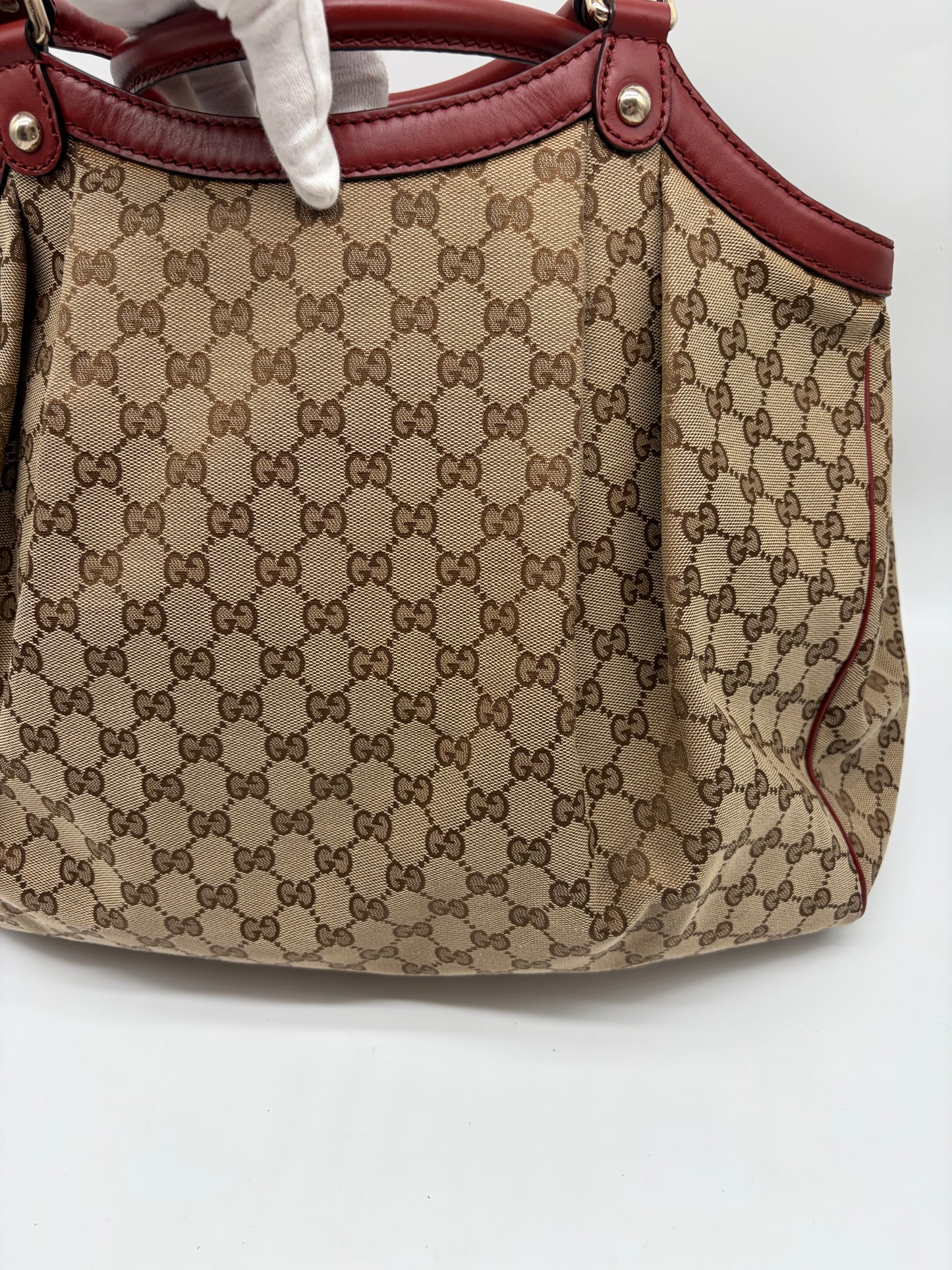 Gucci Large Sukey Tote beige Canvas mit rotem Leder
