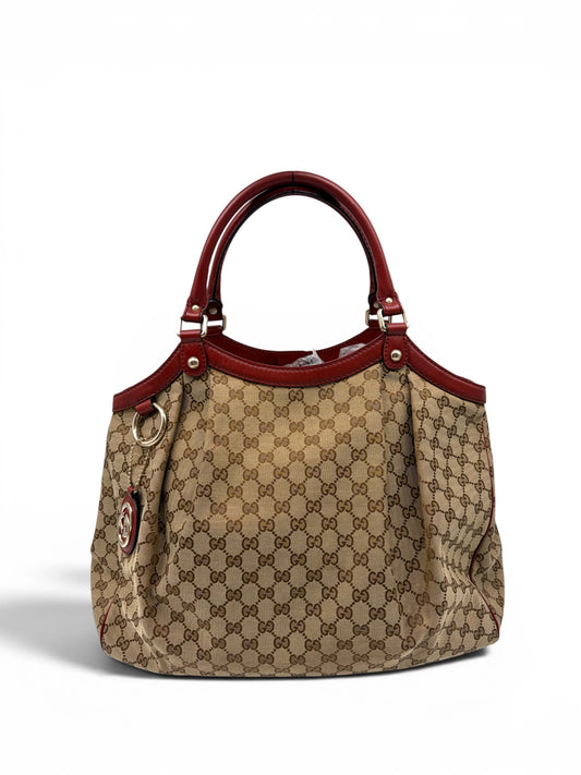 Gucci Large Sukey Tote beige Canvas mit rotem Leder