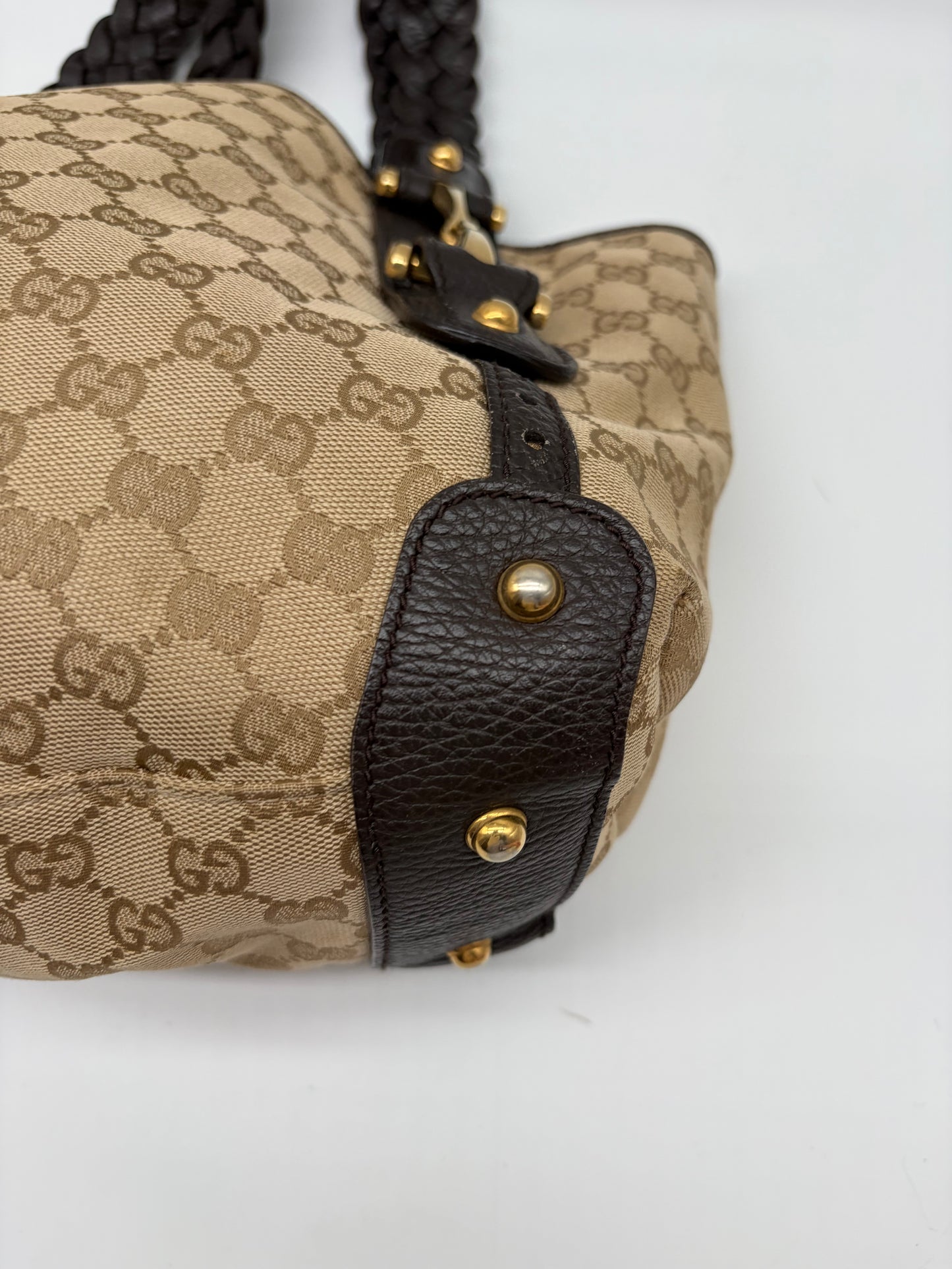Gucci Pelham Horsebit Handtasche GG Canvas schwarzes Leder