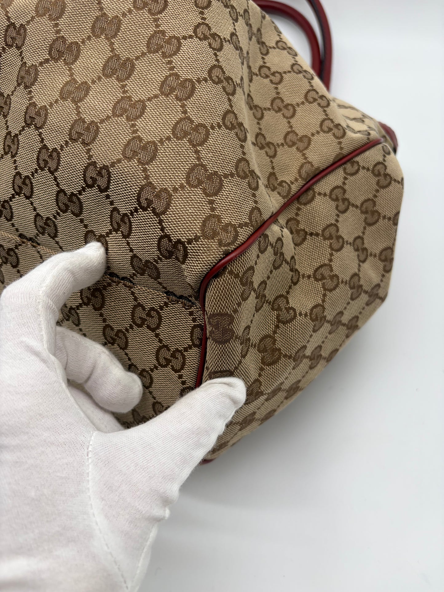 Gucci Large Sukey Tote beige Canvas mit rotem Leder