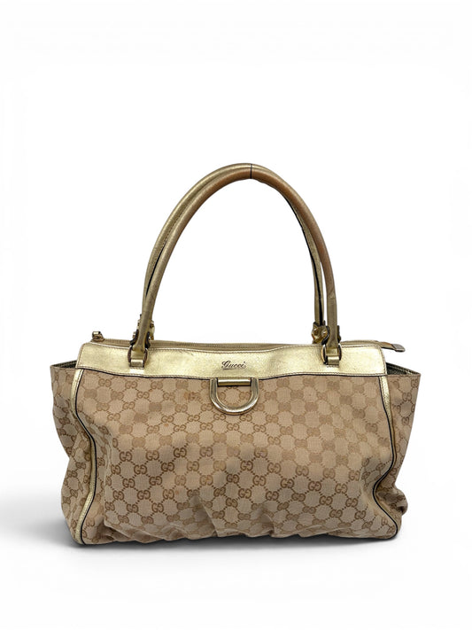 Gucci Abbey D Ring Handtasche beiges Canvas Goldfarbenes Leder