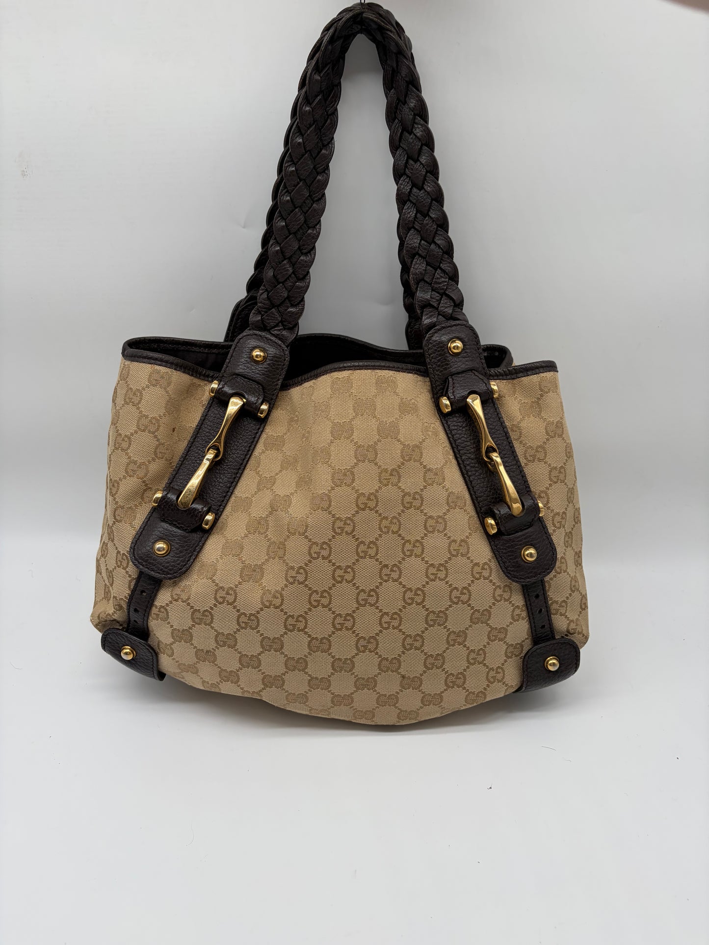 Gucci Pelham Horsebit Handtasche GG Canvas schwarzes Leder