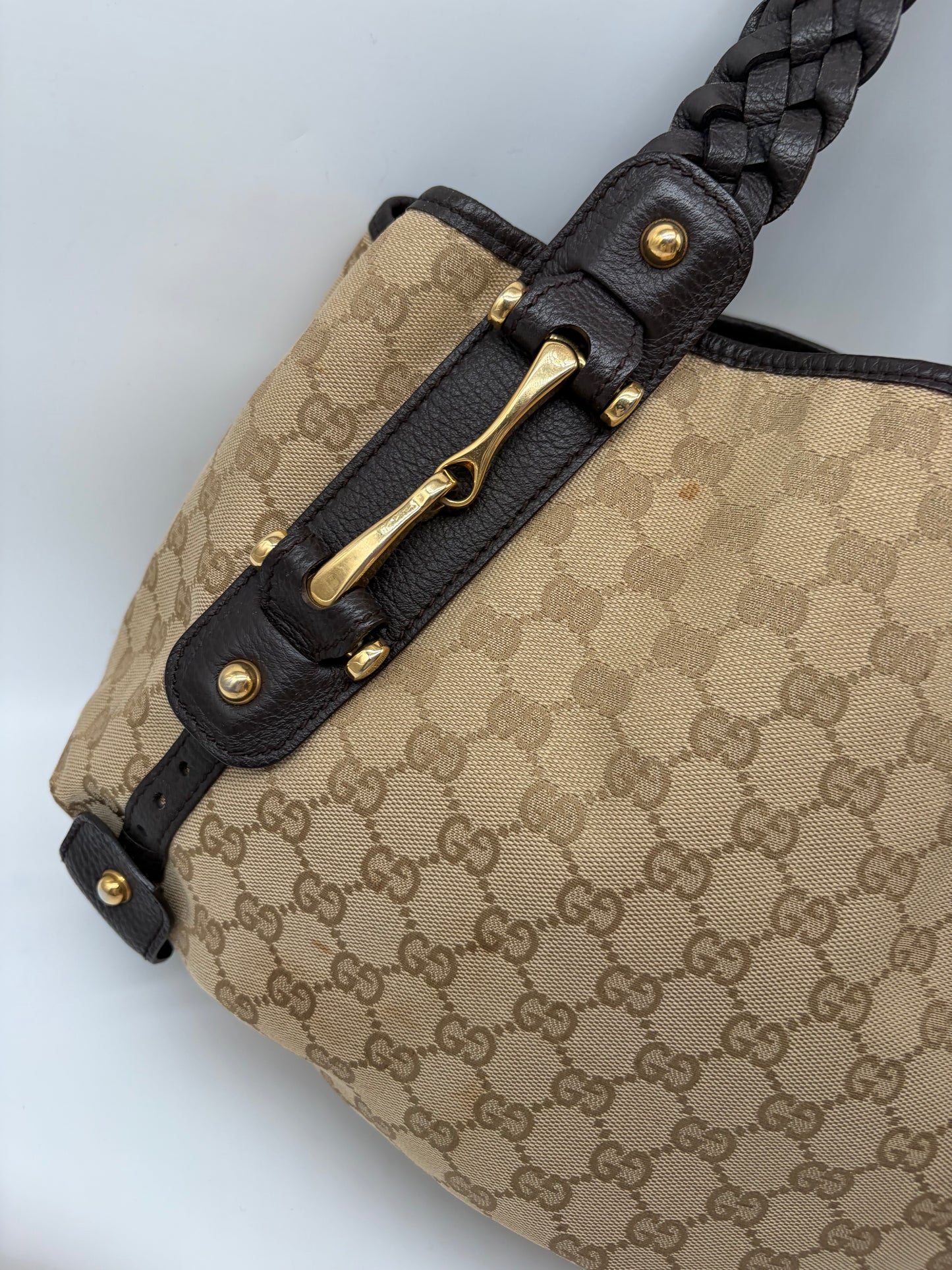 Gucci Pelham Horsebit Handtasche GG Canvas schwarzes Leder