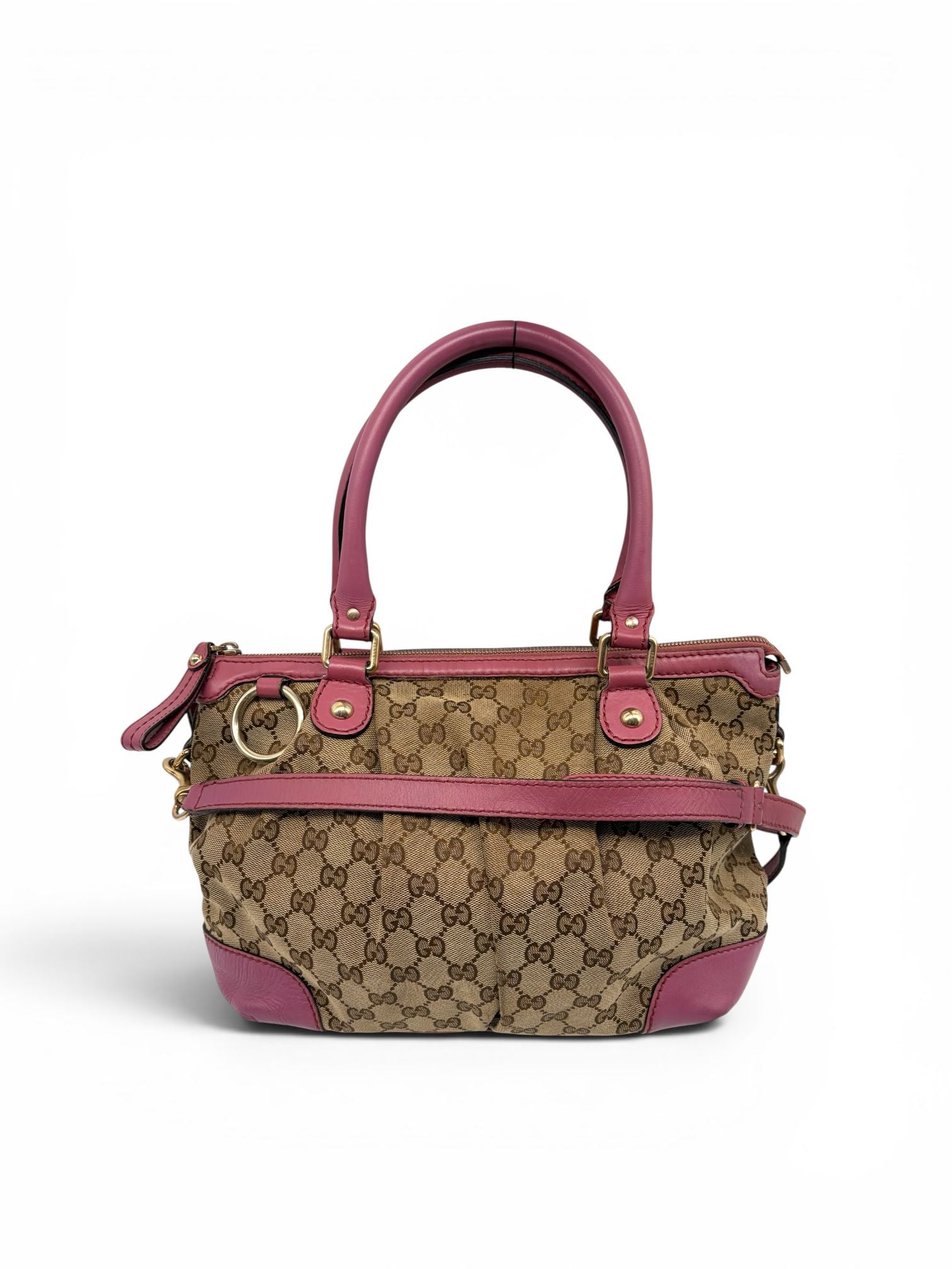 Vintage Gucci Sukey Tote Tasche aus beigem GG-Canvas mit rosafarbenen Leder-Details und goldener Hardware.