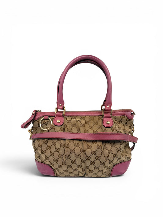 Vintage Gucci Sukey Tote Tasche aus beigem GG-Canvas mit rosafarbenen Leder-Details und goldener Hardware.