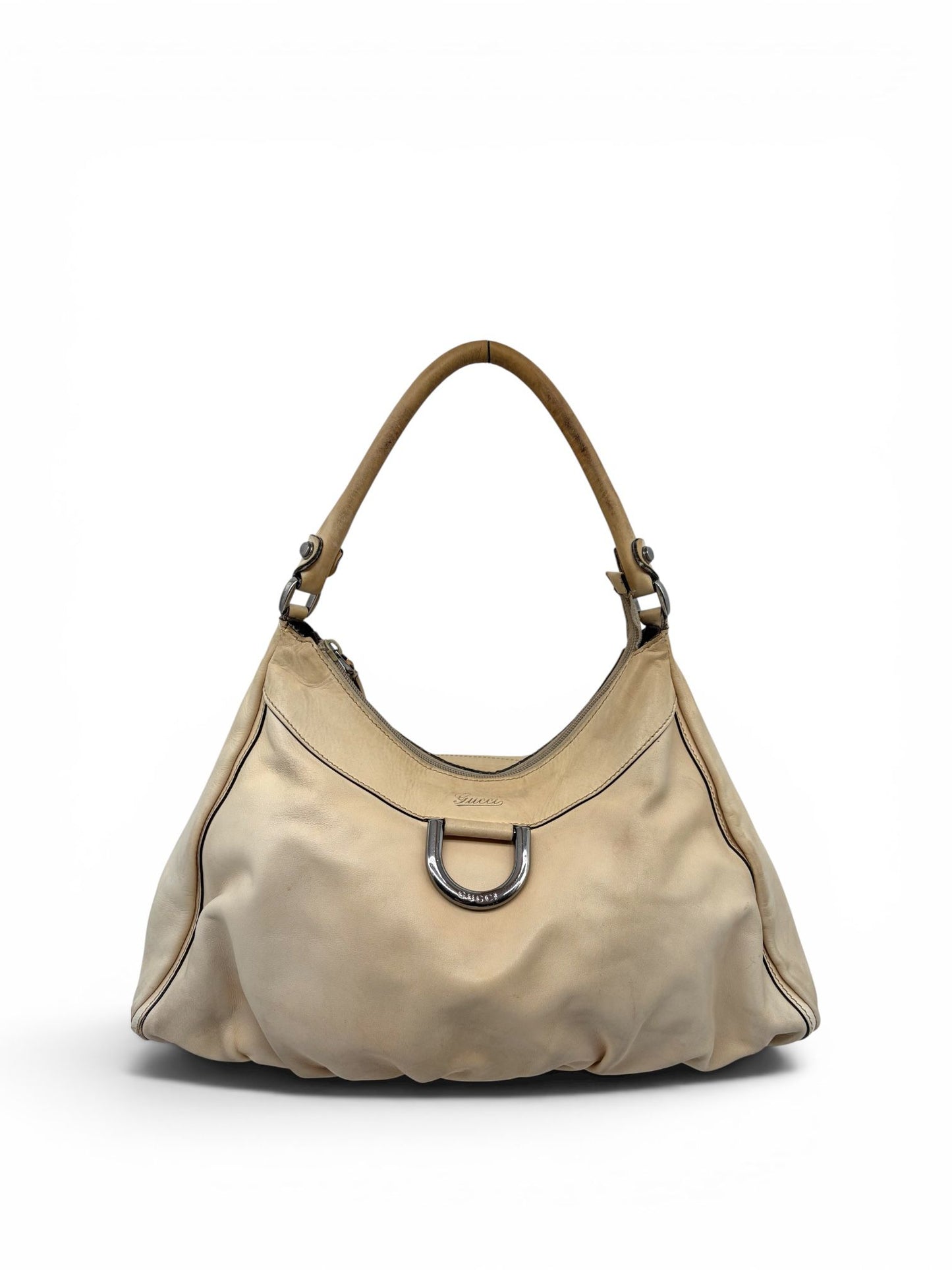 Vintage Gucci Abbey D-Ring Hobo Bag aus weichem beigem Leder mit silberner Hardware, exklusiv erhältlich bei Titosarchivee.