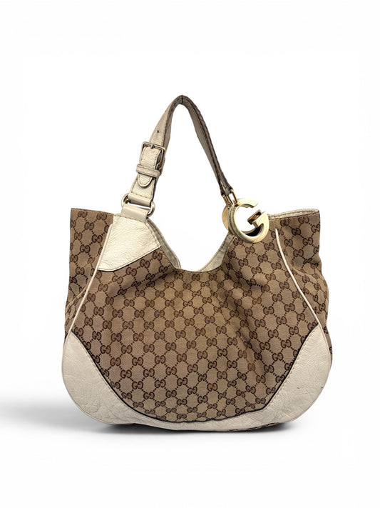 Vintage Gucci Charlotte Hobo Tasche aus klassischem GG Canvas in Beige und Creme mit goldfarbener G-Hardware, exklusiv bei Titosarchivee.